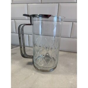 Mid-century Retro Glass Pitcher Diamond Etched Glass & Chrome Top‎ Barware